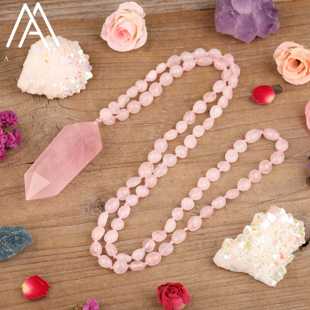 Fashion Pink Crystal Rose Quartz Chip Beads healing Double Point Mala Necklace for Girl Gifts
