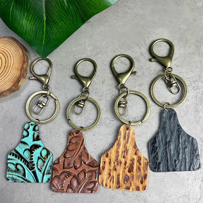 Western Retro Trendy Embossed Flower Pattern Texture Shield Keychain Pendant Multicolor Cowhide Leather Key Chain