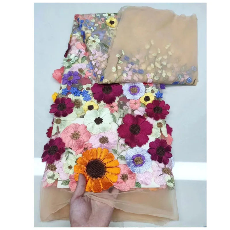 Popular New Design African Lace 3d Big Flower Embroidery Flower Fabric Lace Fabric for Women Dress