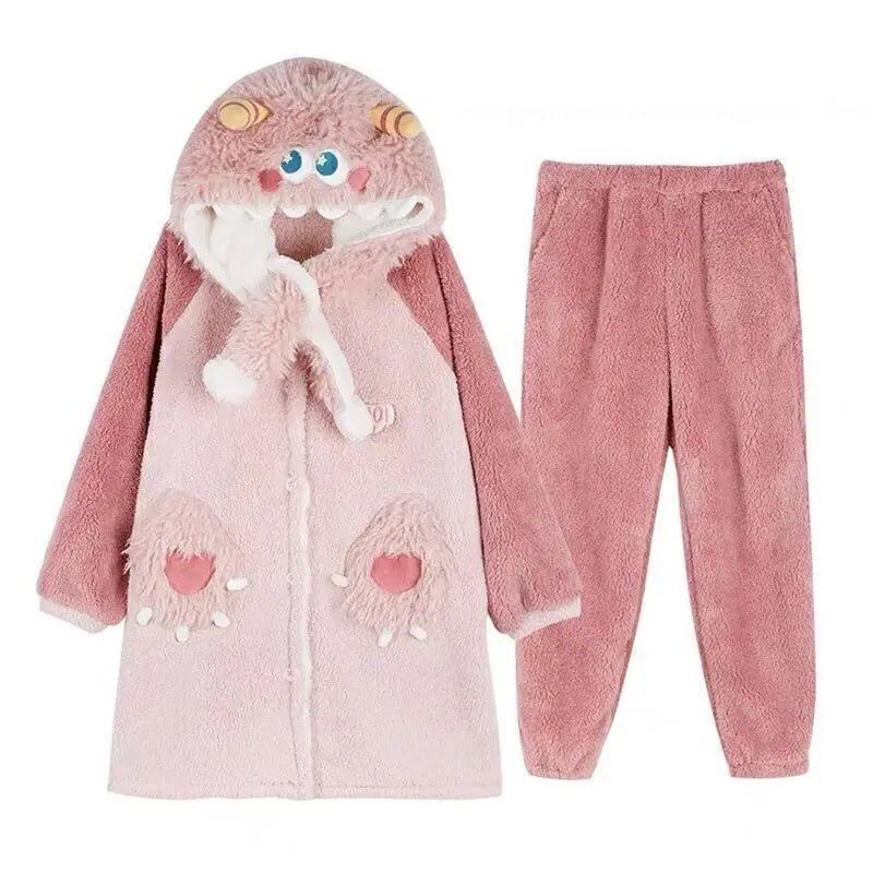 New Coral Velvet Small Monster Hooded Nightgown Cute Cartoon Long Style Bathrobe
