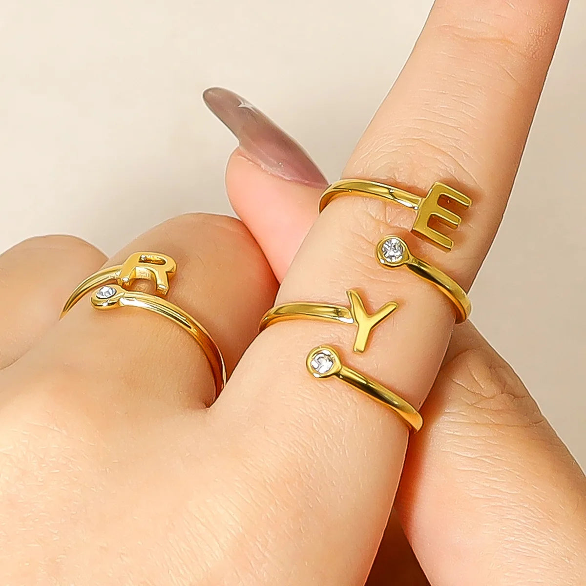 Simple Gold Plated Zircon Open Rings Creative Stainless Steel Initial Adjustable Rings to My Daughter