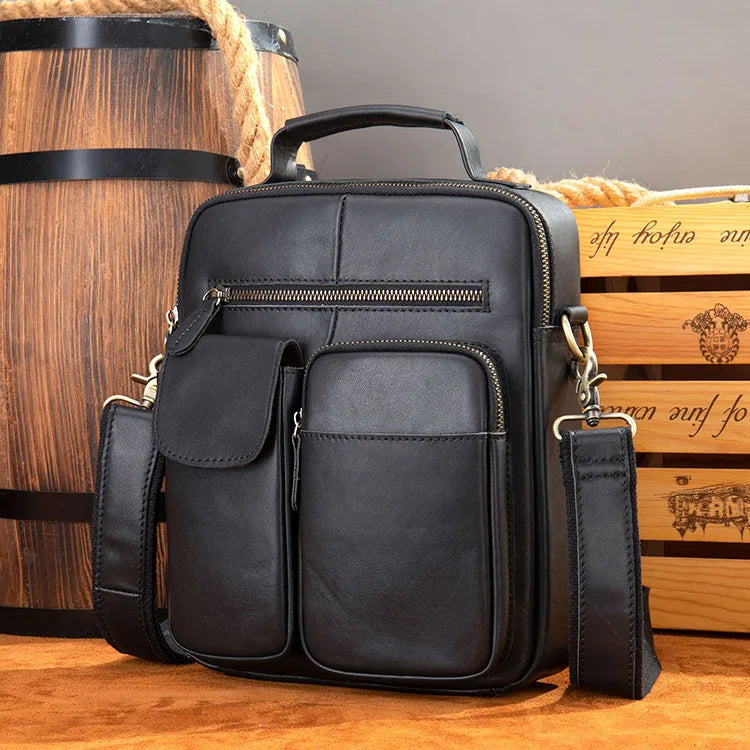 Vintage Business Handmade Cowhide Genuine Leather Crossbody Tote Bag with Chains Single Shoulder Messenger Bag for Men