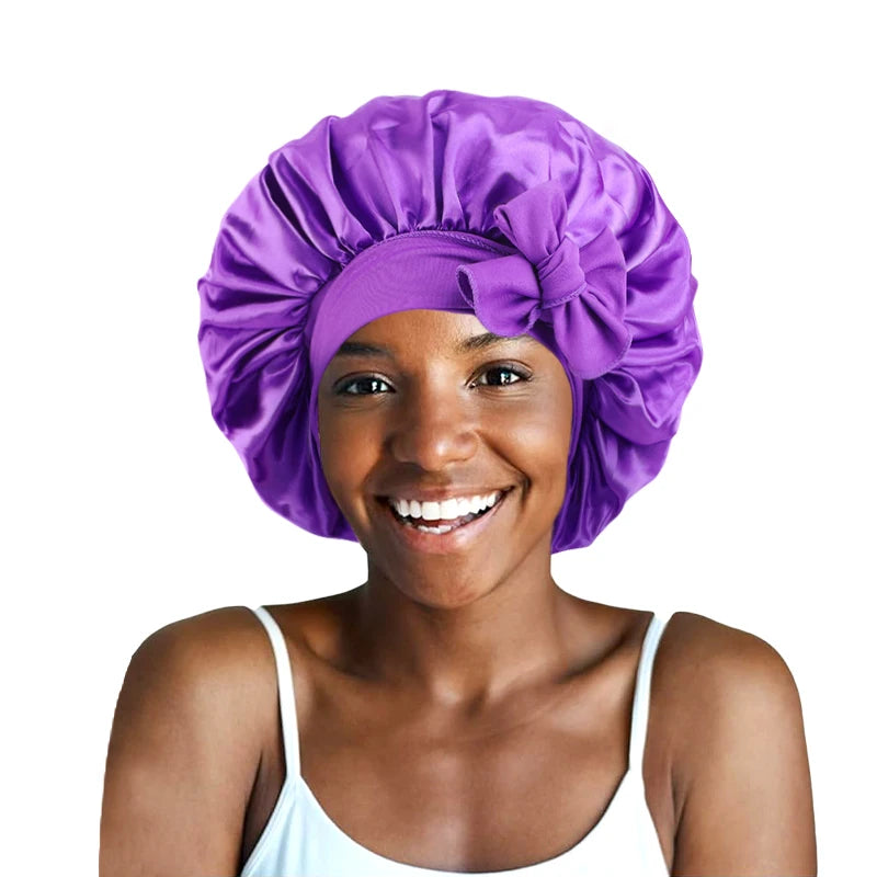 Wholesale RTS Fast Delivery Custom Logo Hot Large Sleep Hat Styling Cap Solid Satin Bonnets With Tie Designer Bonnet for Wome