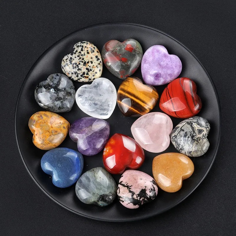Crystal Hearts 30MM Wholesale Bulk Gemstone Puffy Hearts Mixed Semi-Precious Carved Heart Worry Pocket Stone Healing Energy G