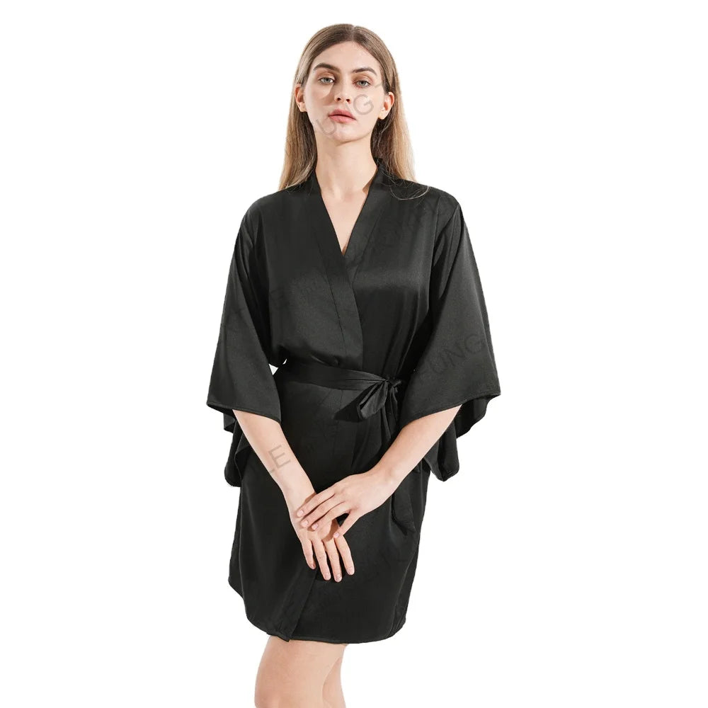 FUNG 6055 High Quality Summer Women's Sleepwear Silk Satin Belt Bow Robe Deep Night Sexy Cardigan Wearable Sleep Dresses