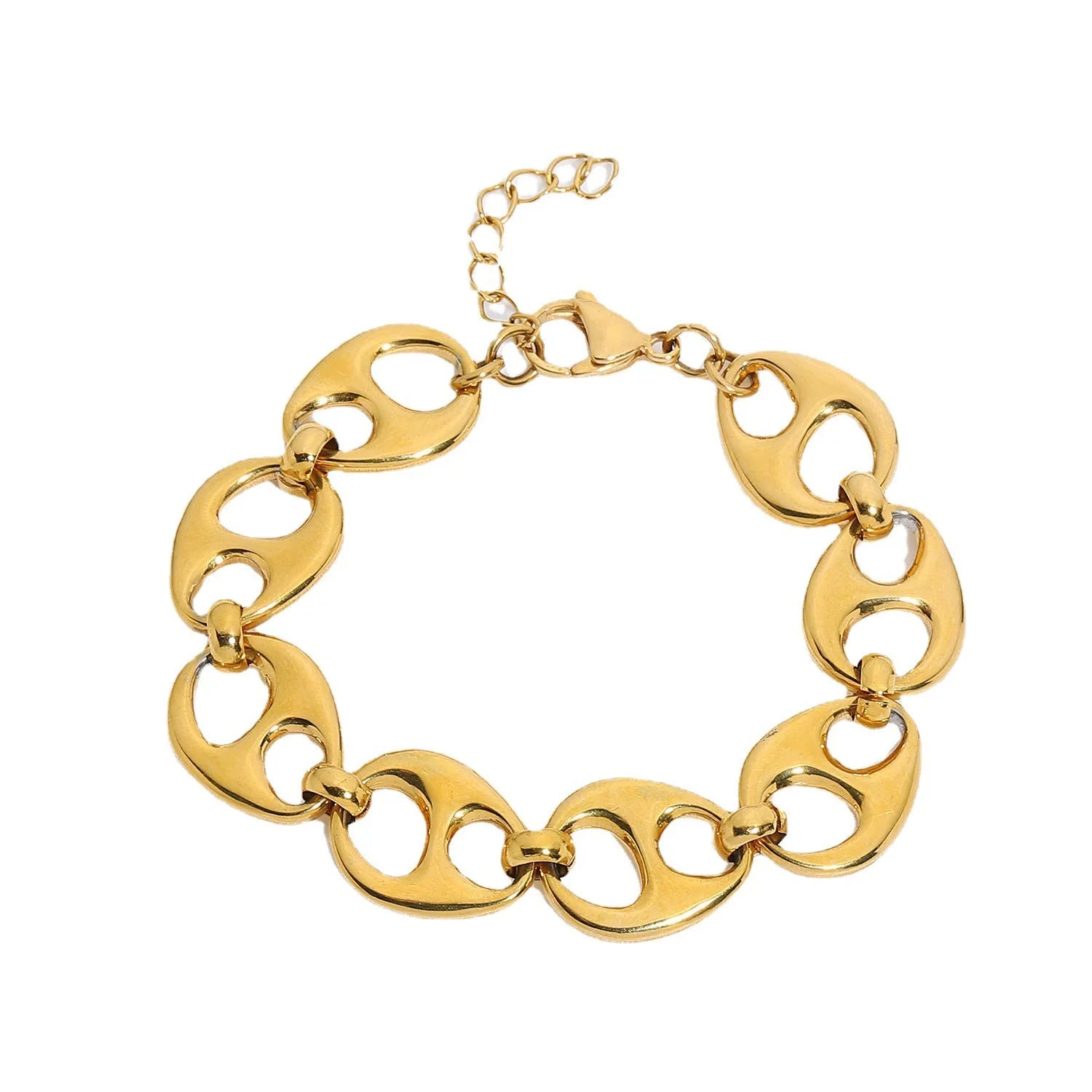 Punk Style 18K Gold Plated Stainless Steel Bracelet Sailor Anchor Chain with Pig Nose Buckle Coffee Bean Charm Chunky Bracele