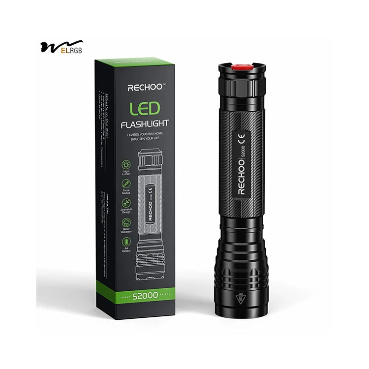 High-Powered LED Flashlight 2000 High Lumens Emergency Light Rechargeable with 3 Modes Zoomable Water Resistant Flash Light