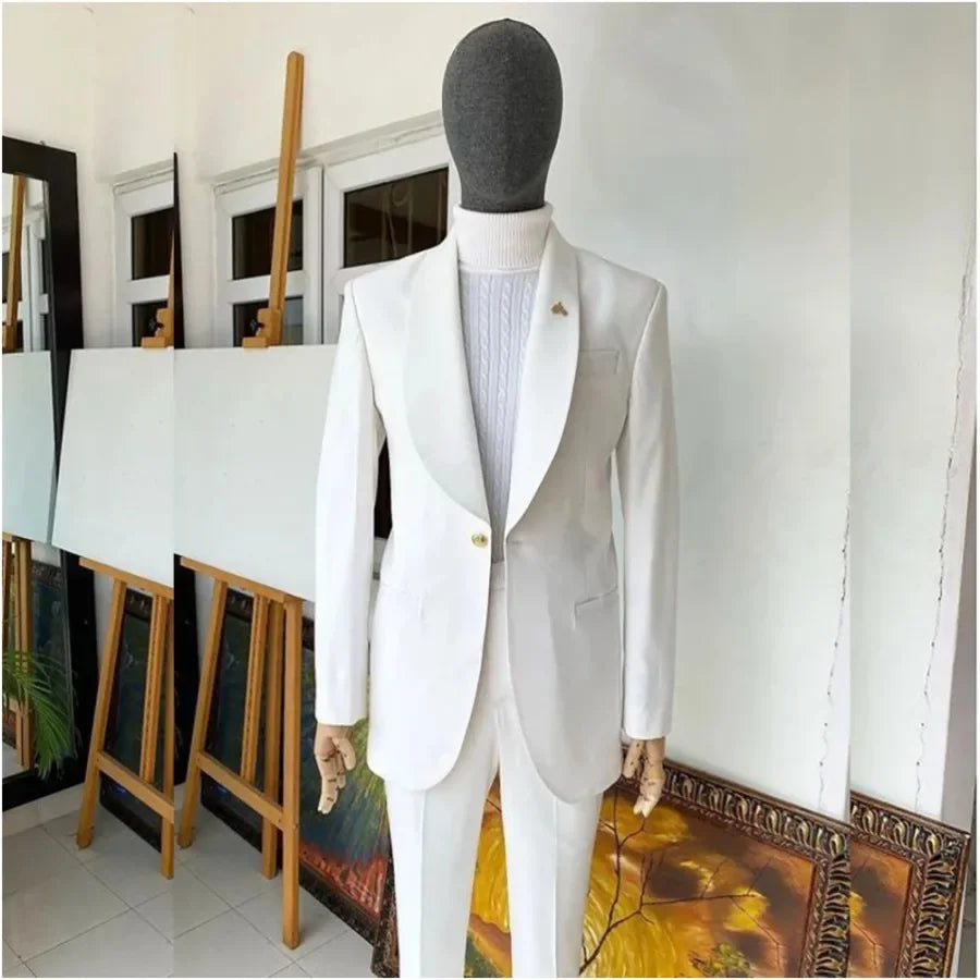 White Men's Suits 2 Piece Jacket+Pants Single Breasted Shawl Lapel Elegant Wedding Formal Blazer Party Male Clothing Ropa Hom