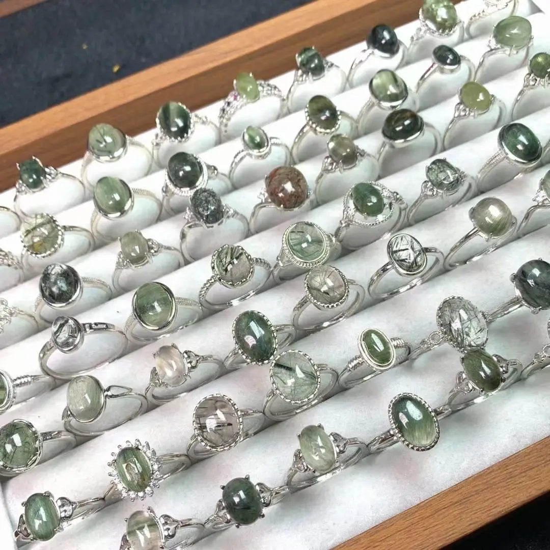 Oval Shape Natural Crystal Green Rutilated Quartz Gemstone Ring Engagement Wedding Party Wear Rings for Jewelry