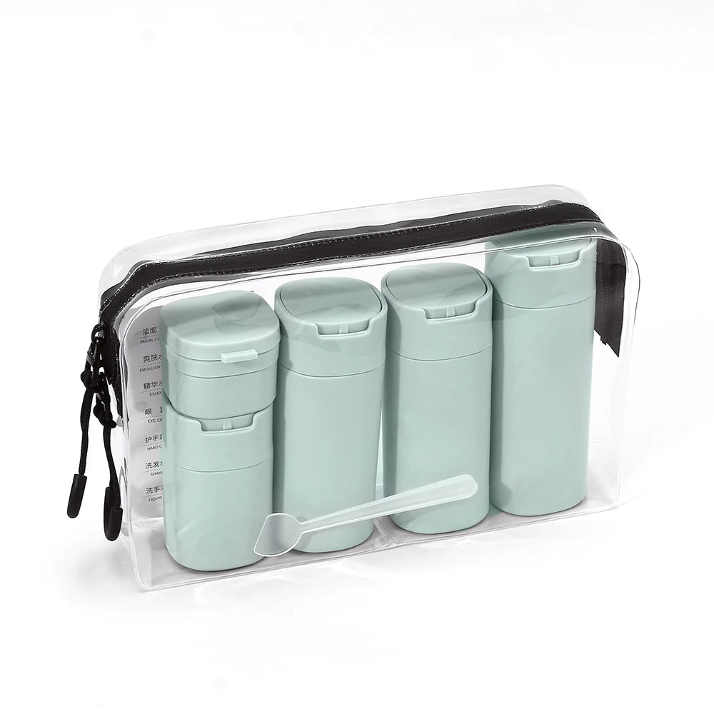 A Set Green Plastic Bottle Set Small Size OK Travel Package With Face Cream Body Wash and Lotion in Plastic Bottles