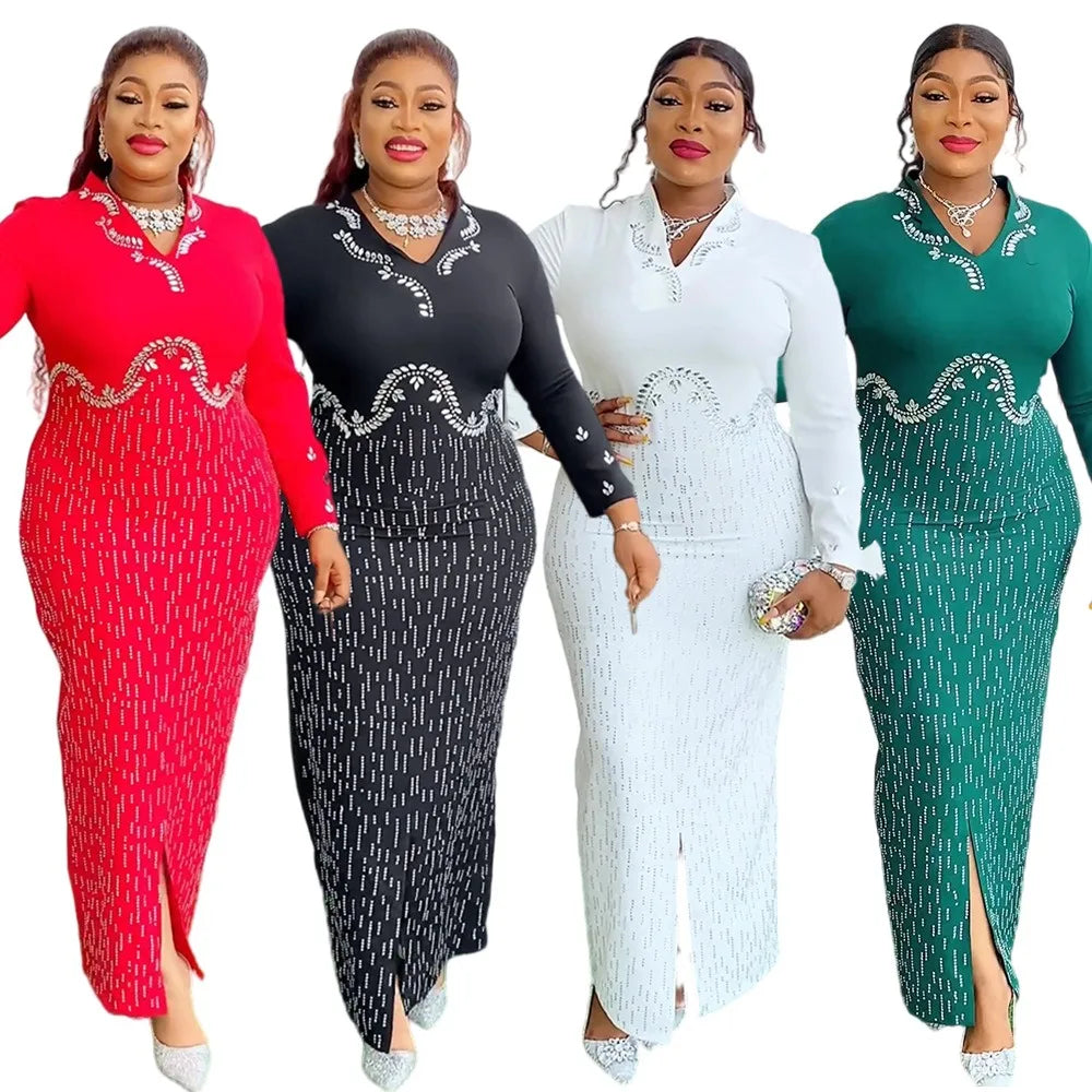 African Elegant Party Banquet White Dress Long Sleeve Sequin Maxi Evening Dresses for Women K0453