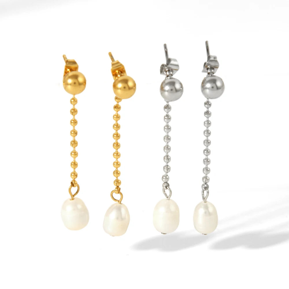 Dainty Stainless Steel 18K Gold Plated Hypoallergenic Long Tassel Freshwater Pearls Stud Earrings for Yong Girls Party