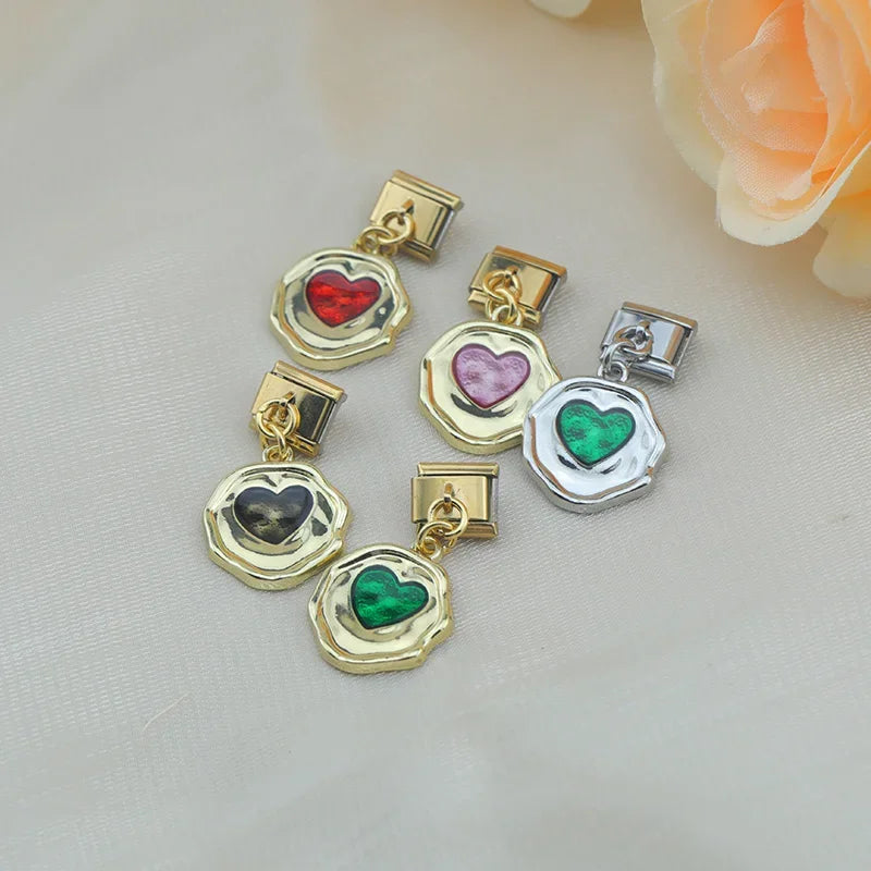 Hapiship 2024 Fashion New Geometry Romantic Heart Charm Italian Links Fit 9mm Stainless Steel Bracelet DIY Making Jewelry DJ6