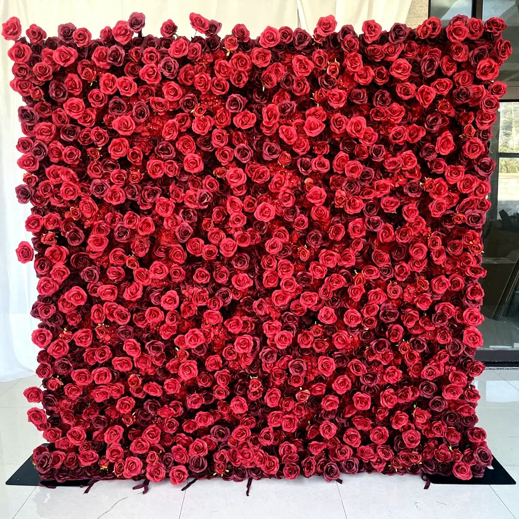 EG-WD97 Red Silk Rose Flowers Wall Hanging Home 5d Silk Flower Wall Roll up 8 X 8 Red Artificial Flower Wall With Rose