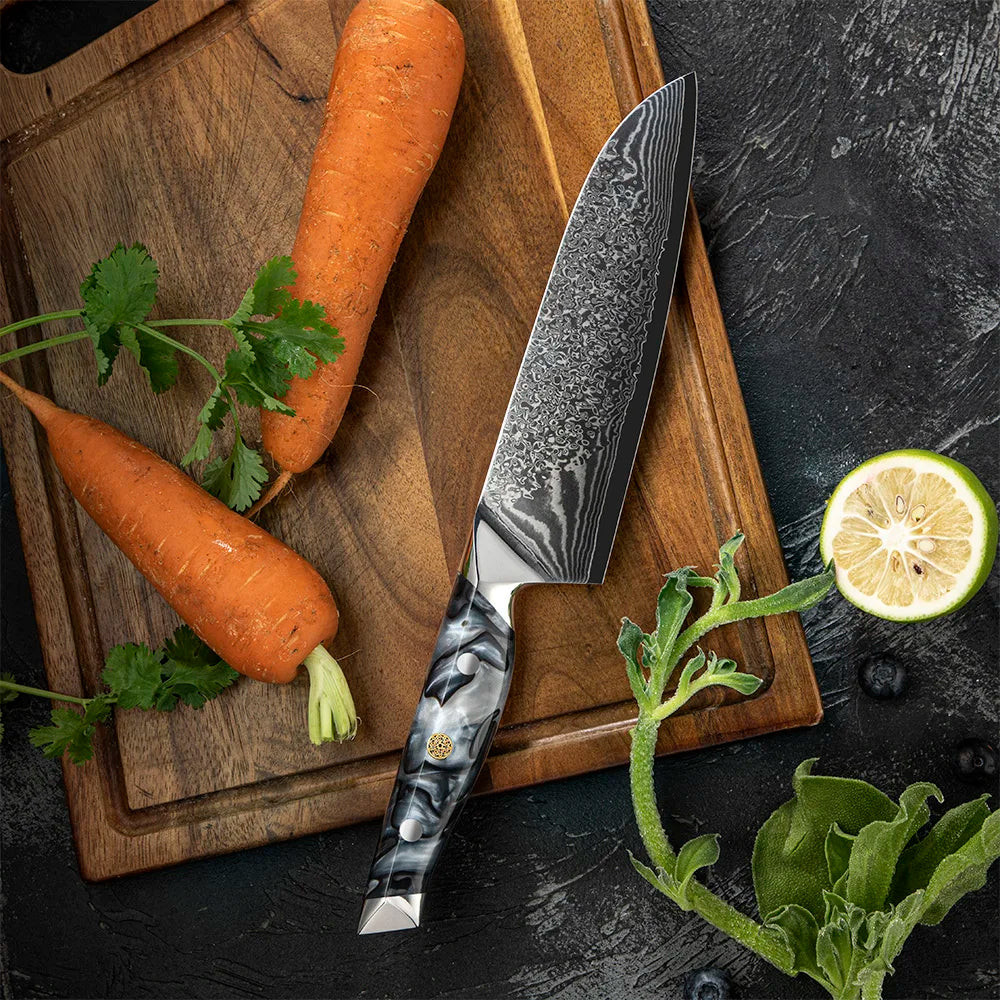 Japan Hitachi Damascus Steel SKD11 Moonrise Pattern Damascus Kitchen Santoku Knife with Epoxy Resin Handle