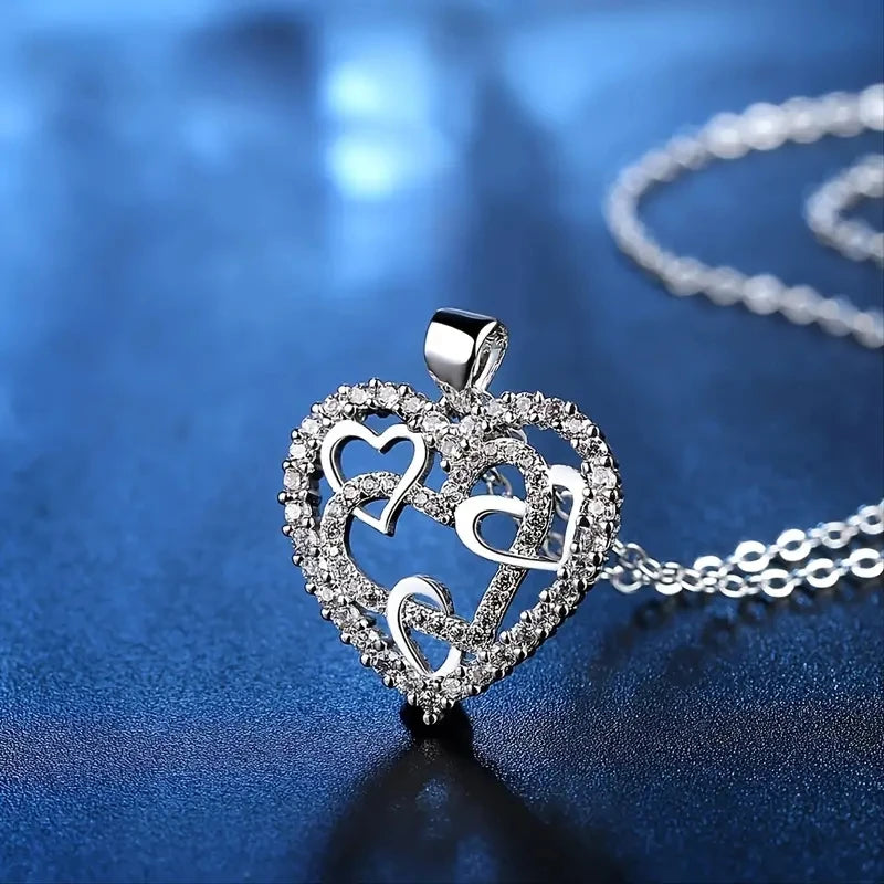 CAOSHI Cubic Zircon Heart Pendant Necklaces Women Copper Jewelry Silver Coating CZ Lovely Hollow Heart Ladies Necklace for Wo