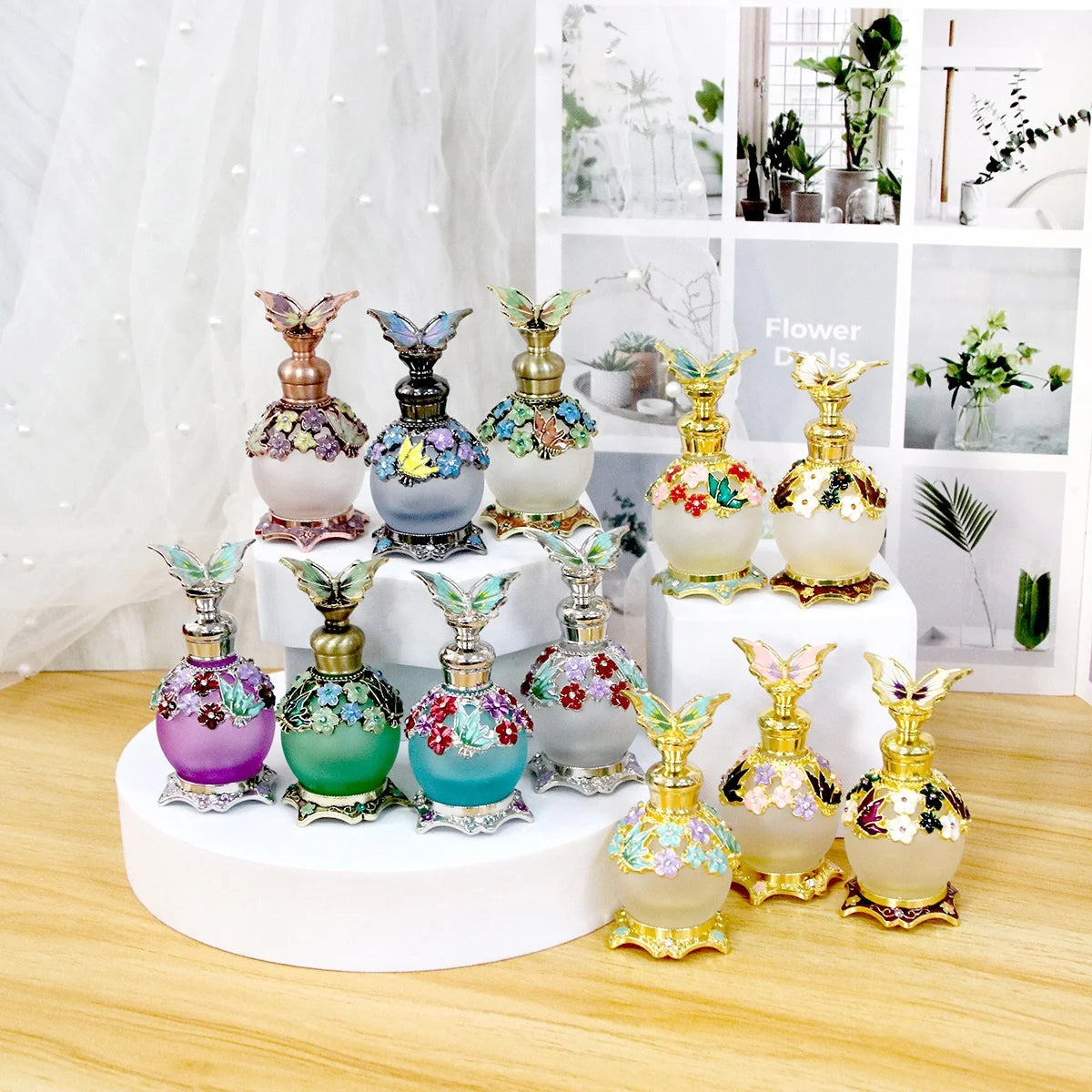 15ml Patented Metal Alloy Butterfly Perfume Bottle Empty Glass Essential Oil Perfume Attar Bottles Home Decoration 81107 S