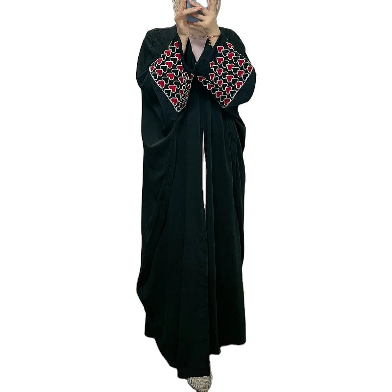 Embroidery Heart Shape on Cuff batwing Sleeve Long Open Style Pure Black Abaya Women Muslim Dress Middle Eastern Skirt Robe