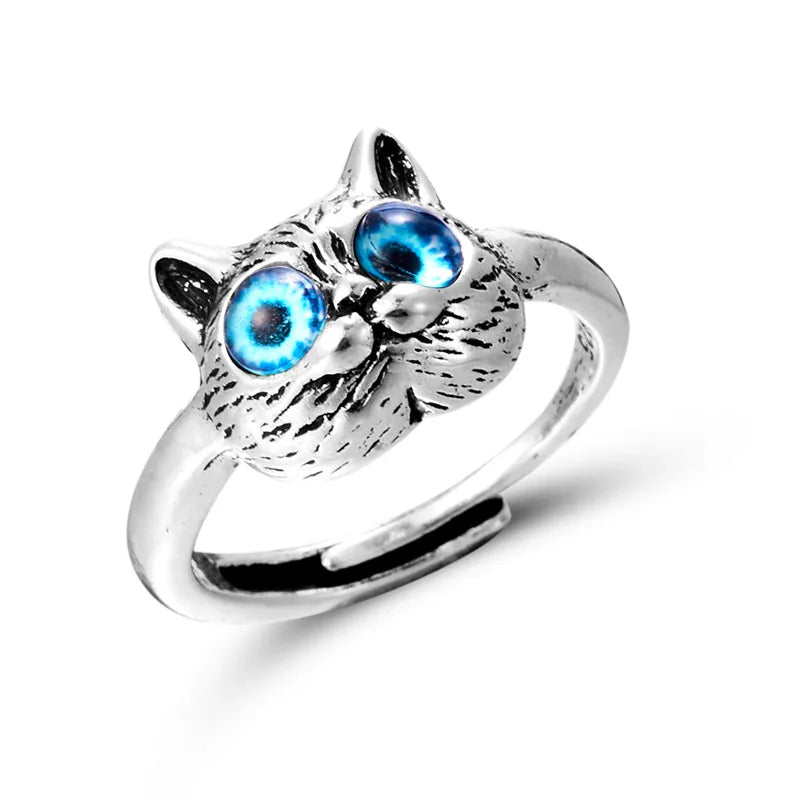 2025 Trendy Classic Silver Plated Rings Blue Eyed Cat Face Critter Finger Adjustable Rings Opening Cartoon Cat Rings for Girl