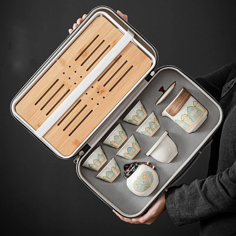 All-In-One Portable Outdoor Chinese Tea Set Classic Design Includes Porcelain Teapot Tray Infuser Travel Gift Bag Ceramic