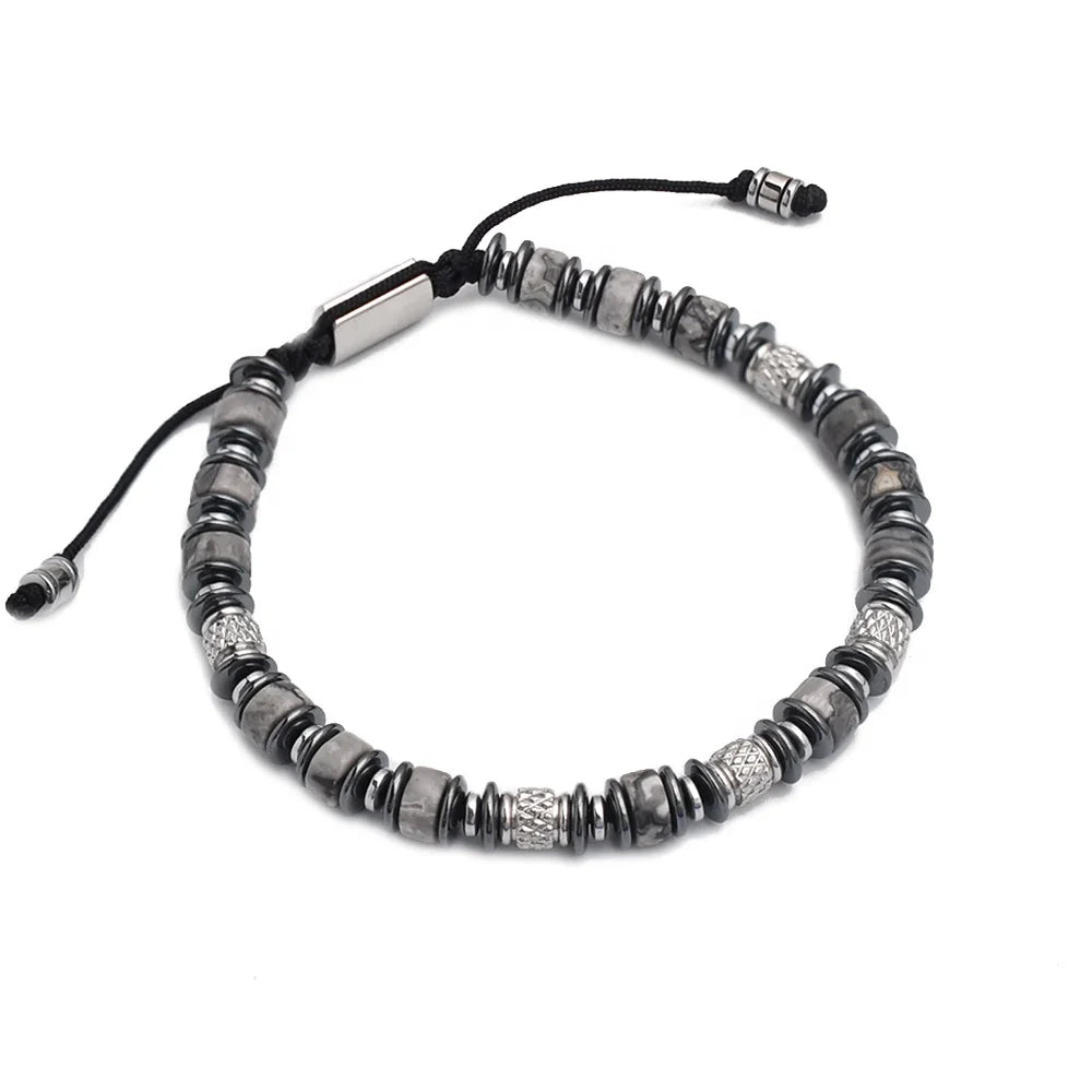6mm Hematite Bead Bracelet Men Stainless Steel 18K Gold Plated Adjustable Trendy Daily Wear Wholesale Jewelry for Anniversary