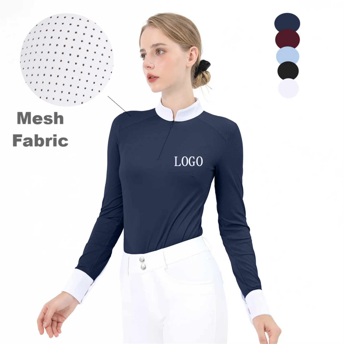 Ladies Long Sleeves Equestrian Base Layers Competition Show Tops Women Equestrian Clothing Horse Riding Shirt with Mesh Fabri