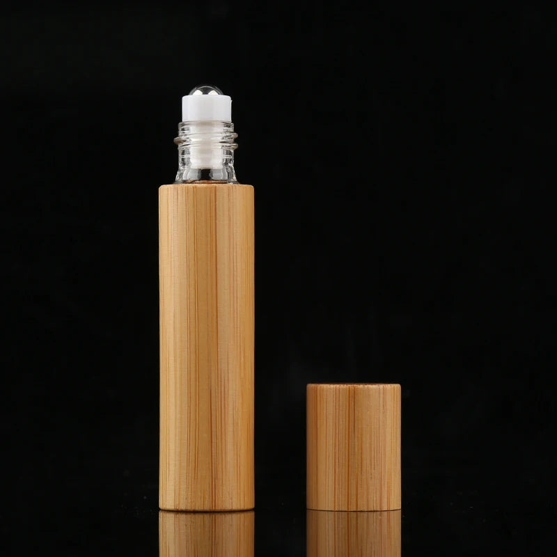 Cosmetic Empty 10ml Bamboo Housing Case Perfume Roll on Glass Essential Oil Roller Bottle