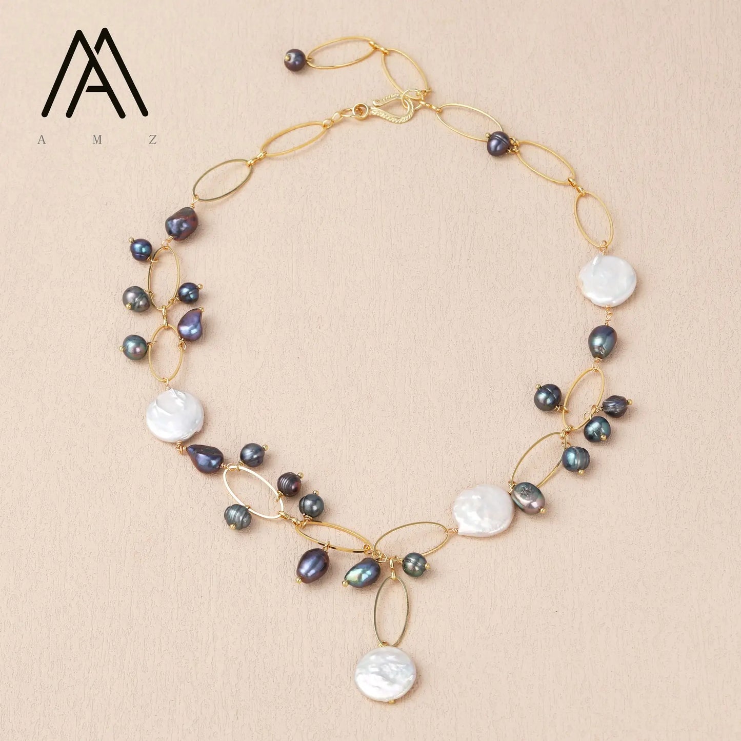 Trendy Bohemian Style Natural Grey and White Freshwater Pearl Necklace with Chain for Weddings Parties