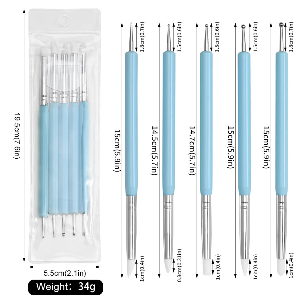 5 Pcs Sets Silicone Nail Drill Pen Art Engraving Embossing Double-headed Dot Flower Pen Soft Tool