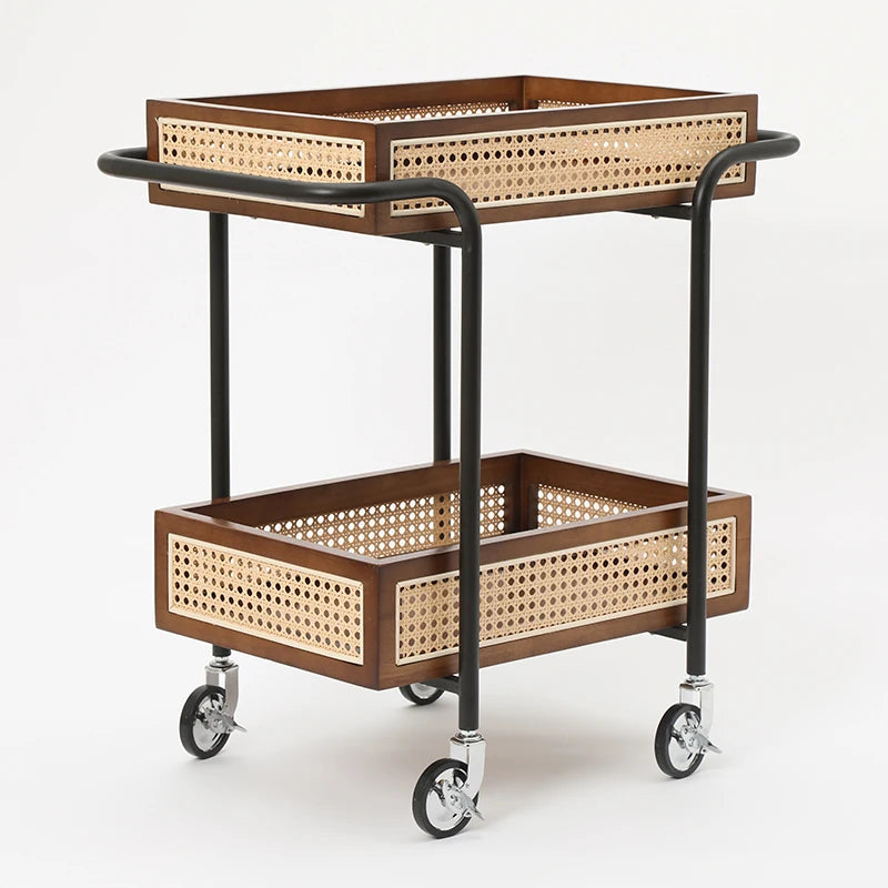 MU Supplies Customized Metal Serving Trolley Kitchen Storage Serving Bar Cart with 2-Tier Wood Rattan Tray for Home Hotel