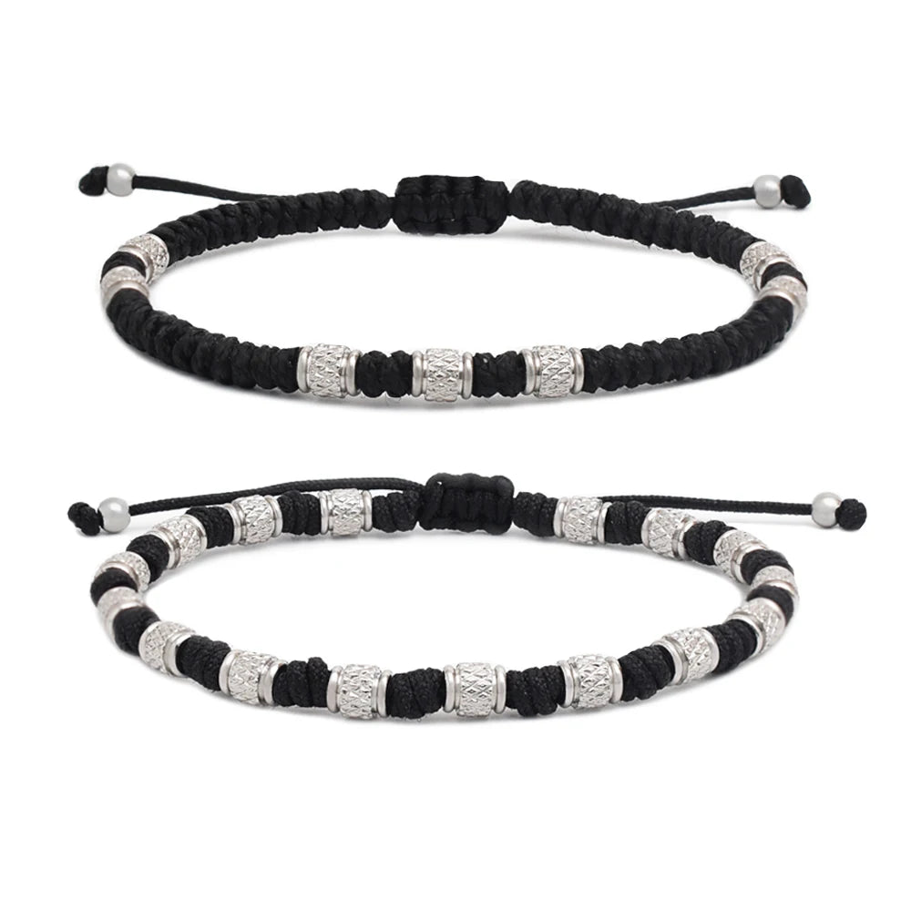 Custom Logo Charm Macrame Cord Trendy Titanium Plated Stainless Steel Beaded Men's Geometric Pattern Wristband Friendship Gif