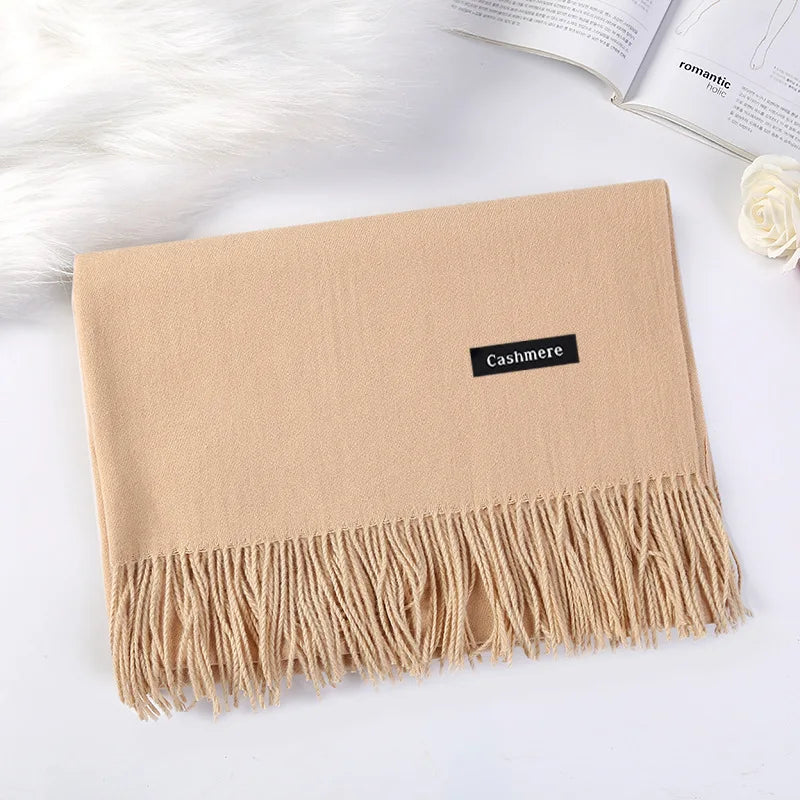 Warm Soft Cashmere Plaid Tassel Neck Scarf Chunky Fluffy Pashmina Shawl for Women Winter Oblong Adult Scarves With Bows Patte