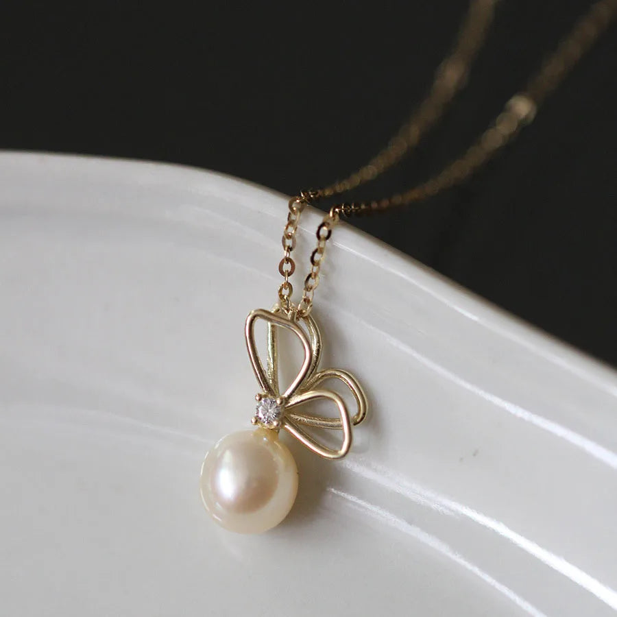 Cute Pretty 14K Gold Plated Pure 925 Sterling Silver Hollow Butterfly Single Pearl Pendant Necklace for Women Girls Jewelry