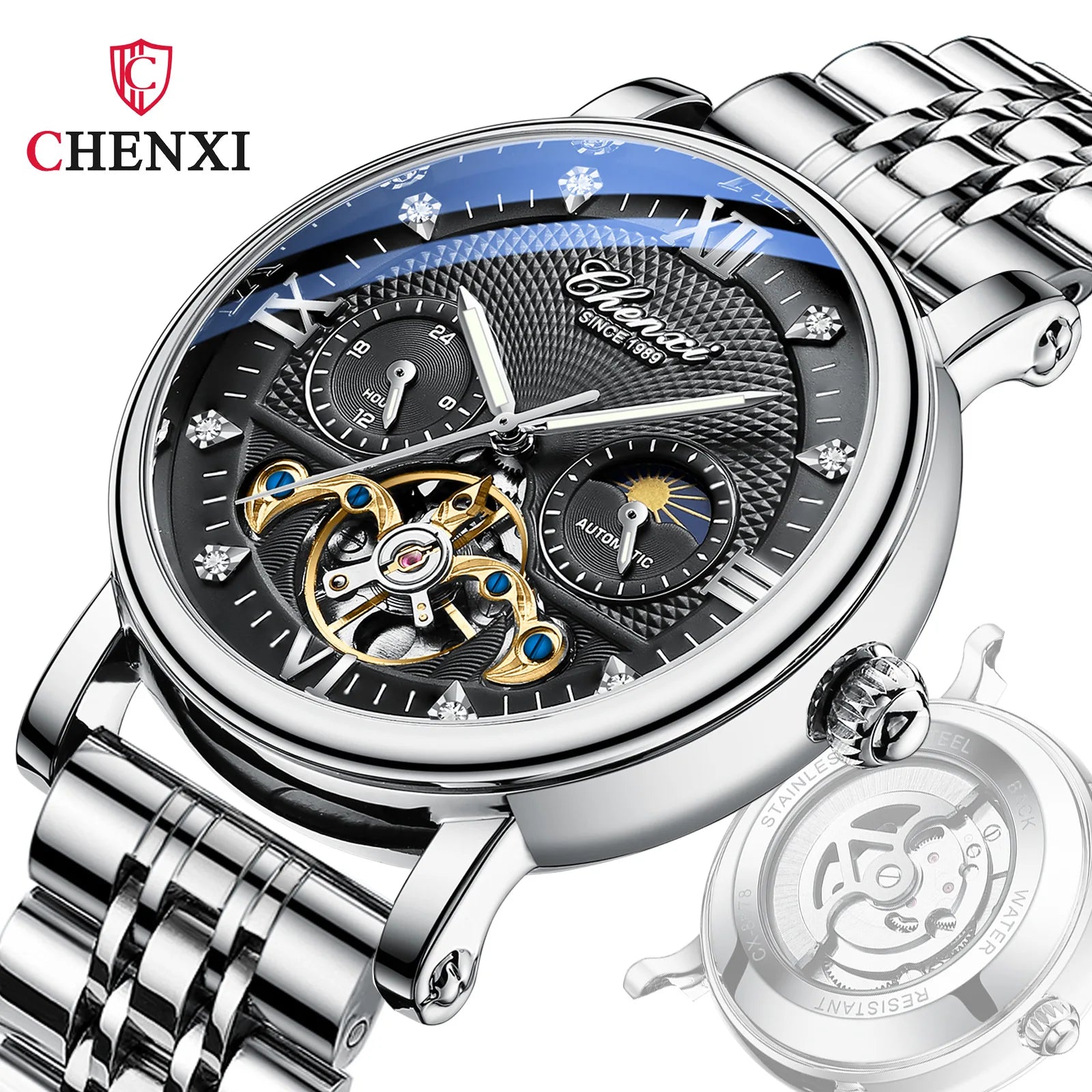 CHENXI  Cool  Mechanical Watch Moon Star Big Flywheel Waterproof Belt Live Cross-border Foreign Trade Men's