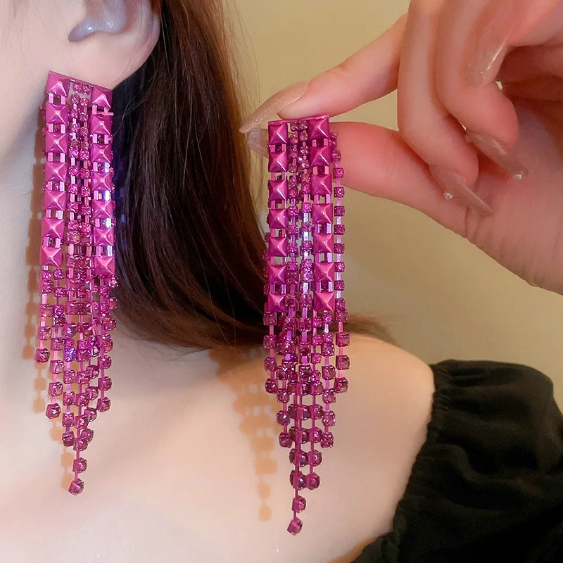 Luxury 925 Sterling Silver Post Tassel Geometric Earrings Rose Red Statement Long Block Tassel Rhinestone Earrings for Lady