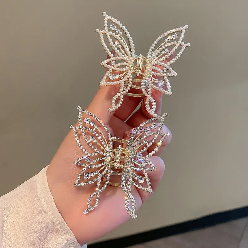 Full Rhinestone Butterfly Shark Clip Fashion Metal Head Ornament Hair Claw Catch Pins Back Pearl Hairpin