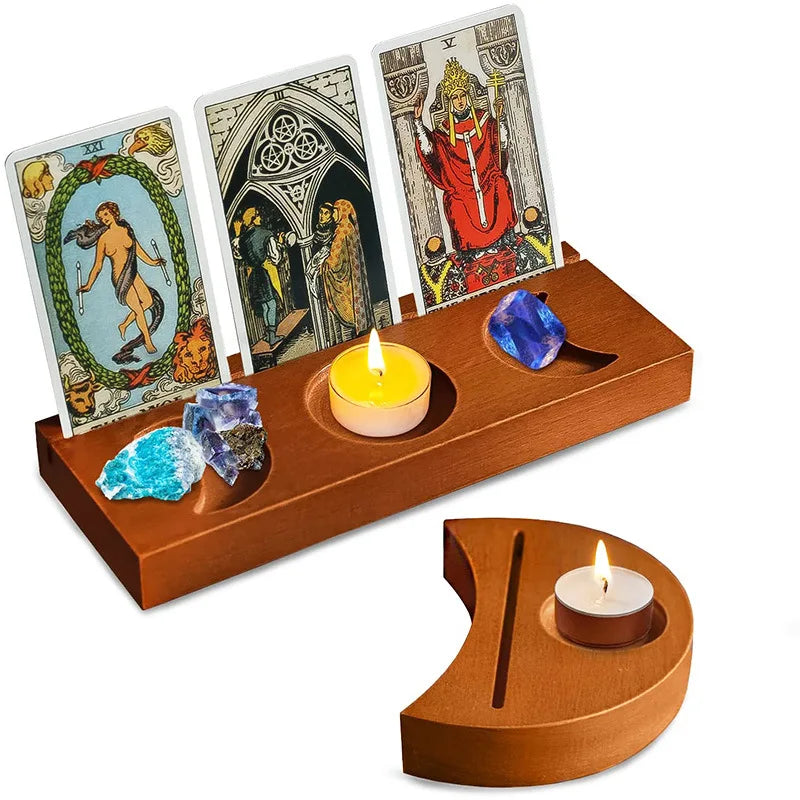 Moon Tarot Card Holder Stand Wooden Candle Crystal Display Stand Divination Tarot Accessories Altar Stand Witchy Room Decor