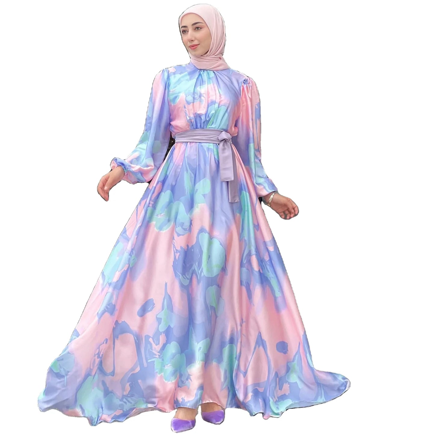 2025 Dubai American Europe Modest Clothing Fashion Flower Printing Muslim Long Sleeve Maxi Dress for Women