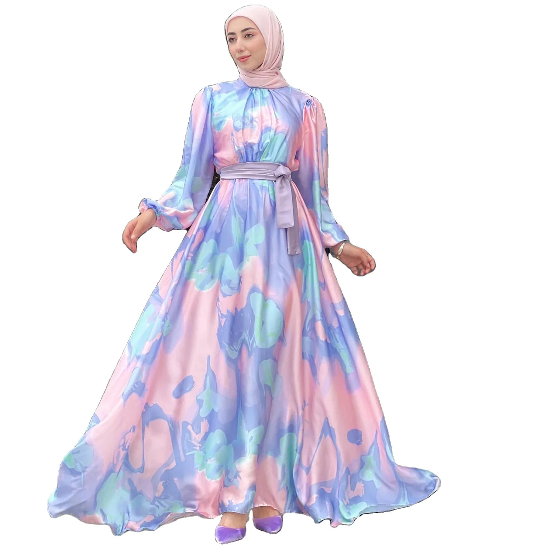 2025 Dubai American Europe Modest Clothing Fashion Flower Printing Muslim Long Sleeve Maxi Dress for Women