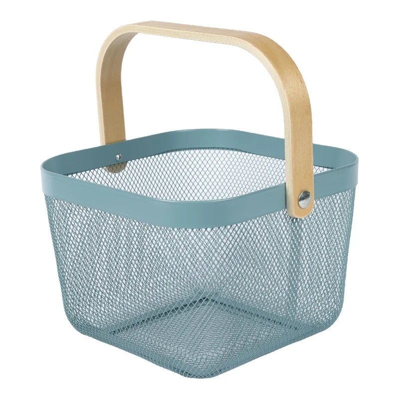 MU Supplies High Quality Metal Mesh Storage Basket with Wooden Handle for Fruit Vegetable and Kitchen Storage and Organizatio