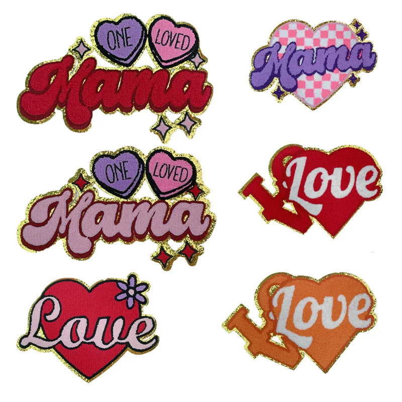 Big Size Iron on Colorful Glitter Edge Chenille Mama love Patch for Clothing Bag Decoration