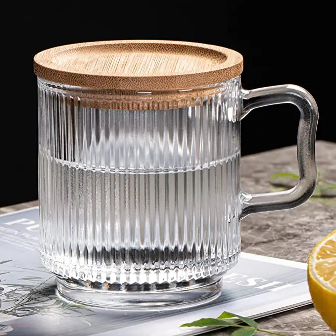 Hot Sale Modern Milk Cup Stripe Design Lead-free Glass Easy to Clean Colorful Coffee Cup with Handle and Bamboo Lid Camping U