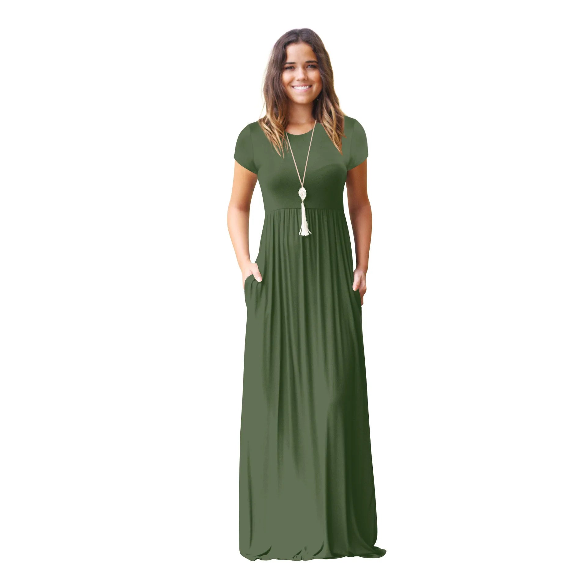 Women's Fashion Bestseller Short Sleeved Round Neck Casual Pocket High-quality Dress Long Skirt