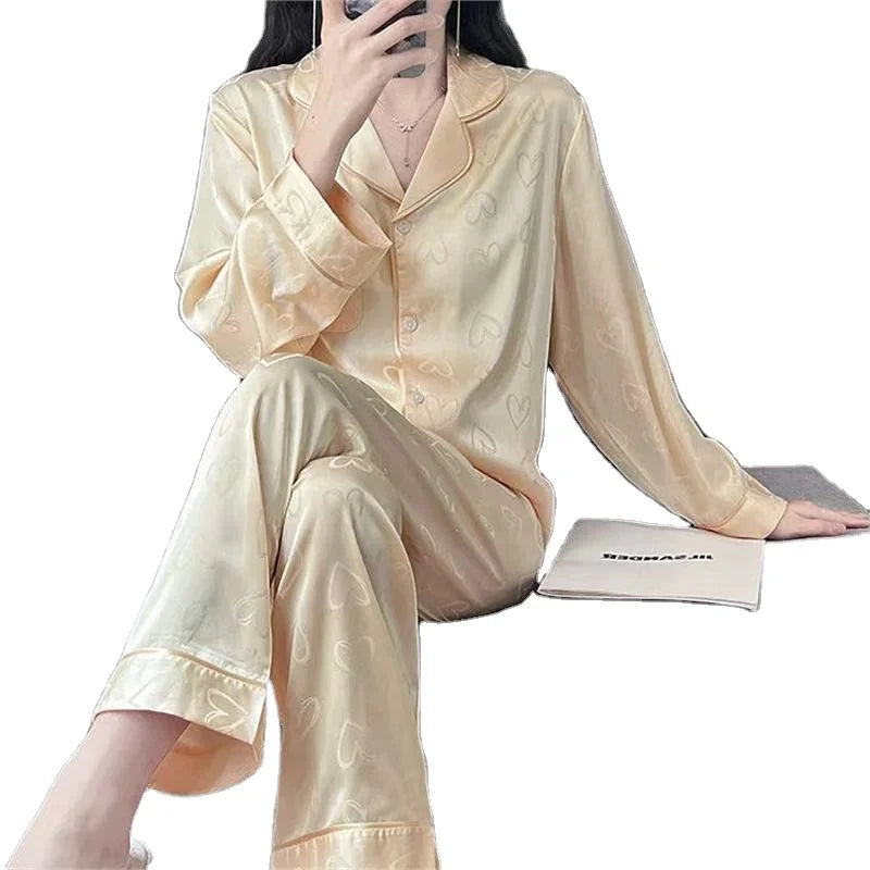 Drop-shipping Long Sleeve Satin Women's Sleepwear Sweet Design Pajamas Sets