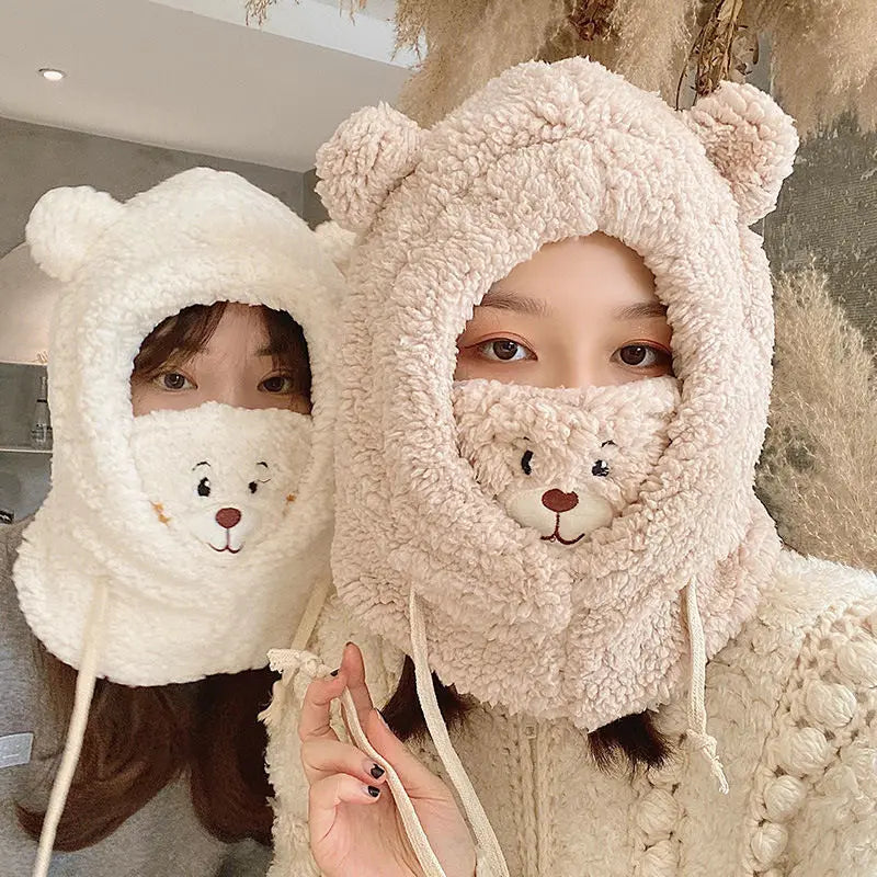 Cartoon Bear Ear Lamb Beanie Hat With Mask Warm Balaclava Winter Thickened Ear Protection Autumn Skullies Beanies for Women G