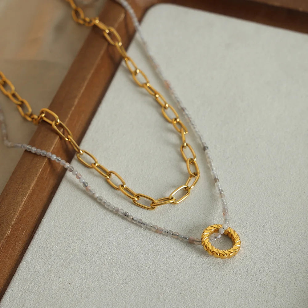 Fashion 18k Gold Plated Natural Stone Beaded Necklaces Statement Stainless Steel Double Layer Choker Necklace Jewelry for Wom