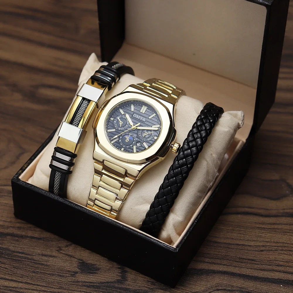 Men's Classic Quartz Watch Gift Set with Stainless Steel Bracelet-Wedding Anniversary & Party Gift