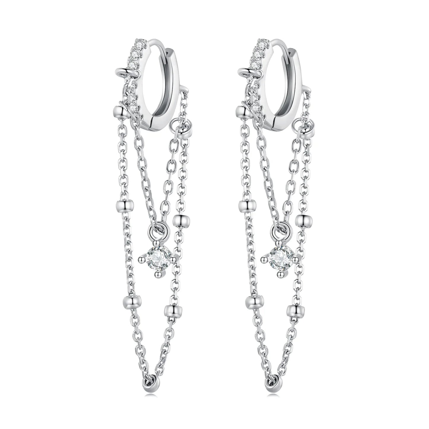 925 Sterling Silver Double-Layer Long Tassel Drop Earrings with Zircon Pendant Exquisite Women's Jewelry Gift-BSE789