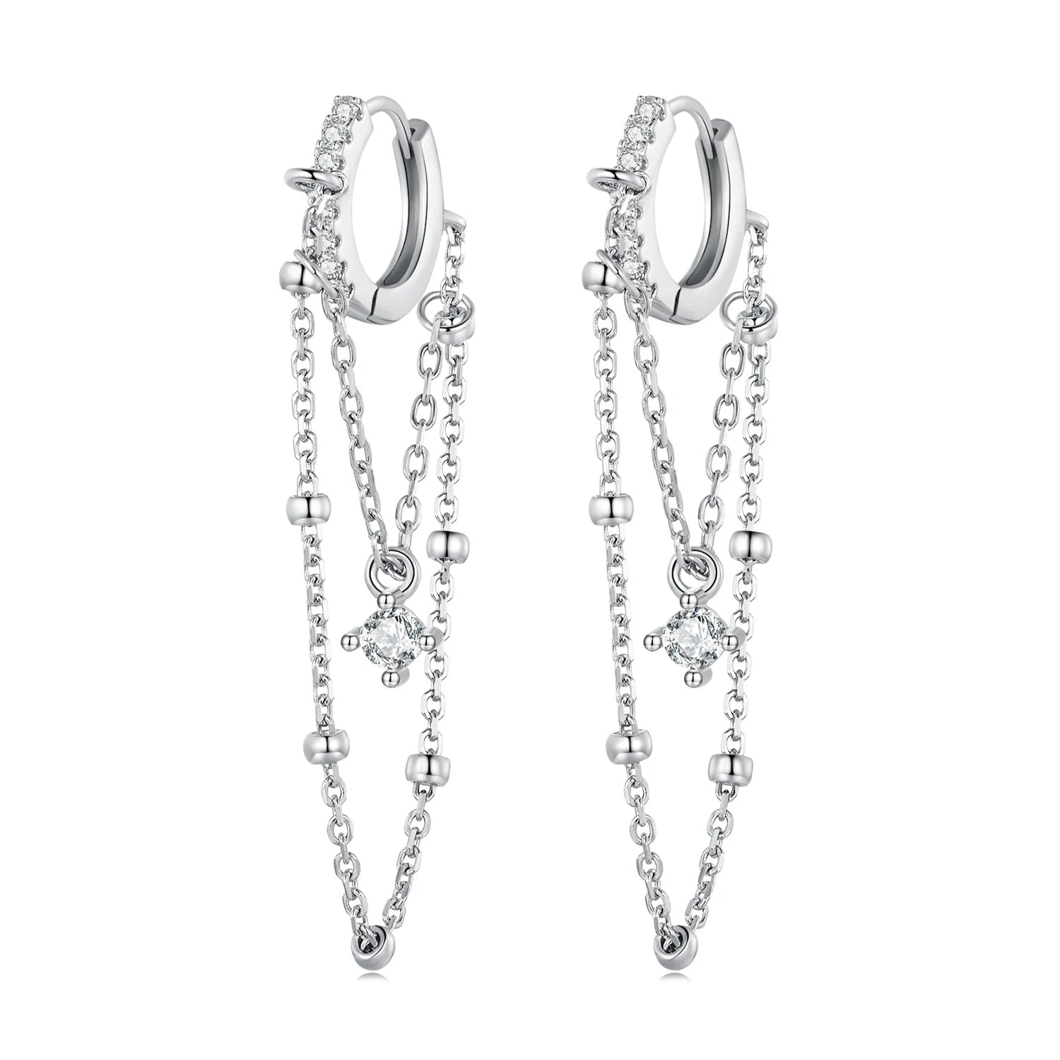 925 Sterling Silver Double-Layer Long Tassel Drop Earrings with Zircon Pendant Exquisite Women's Jewelry Gift-BSE789