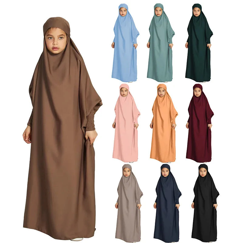 Ramadan Middle East Kids Muslim Islamic Clothing Children Long Abaya Dresses Solid Robe Bat Sleeve Arabic Abaya Muslim Girls 